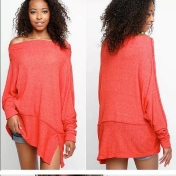 Free People Londontown Long Sleeve Thermal Top coral orange oversized size XS - Picture 1 of 9